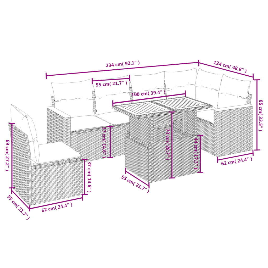 vidaXL 7-delige Loungeset met kussens poly rattan beige afbeelding