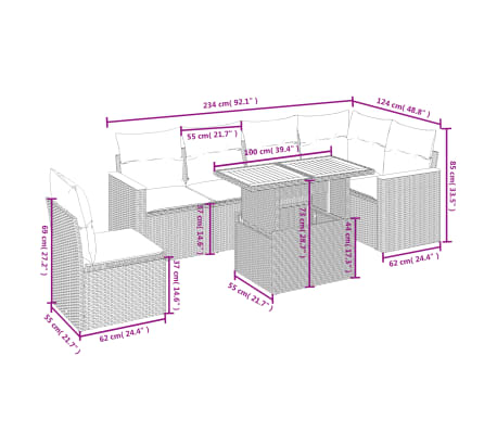 vidaXL 7 pcs conjunto de sof&aacute;s p/ jardim com almofad&otilde;es vime PE bege