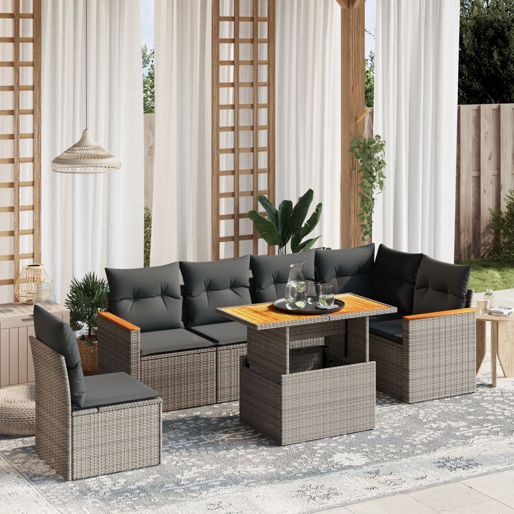 vidaXL 7-tlg. Garten-Sofagarnitur mit Kissen Grau Poly Rattan