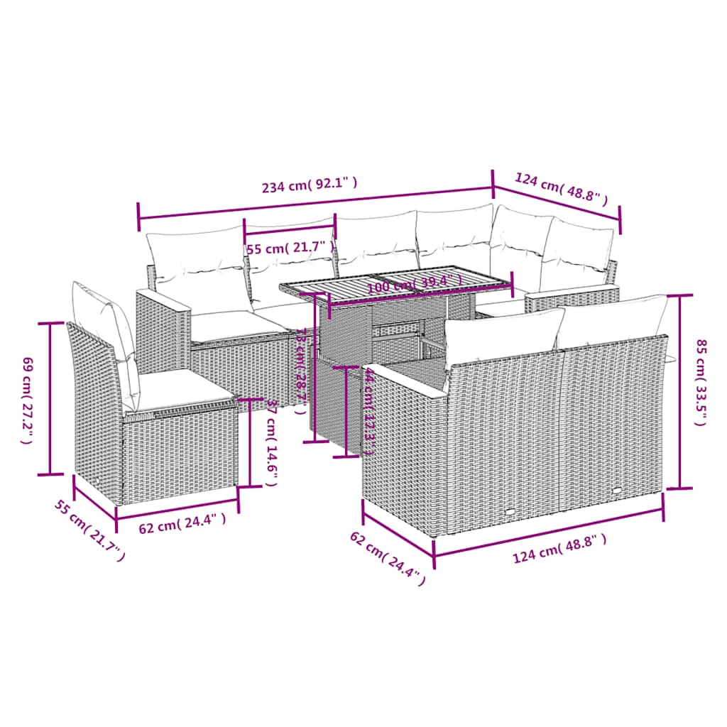 Set mobilier de grădină cu perne, 9 piese, negru, poliratan 3273169 - imagine 3