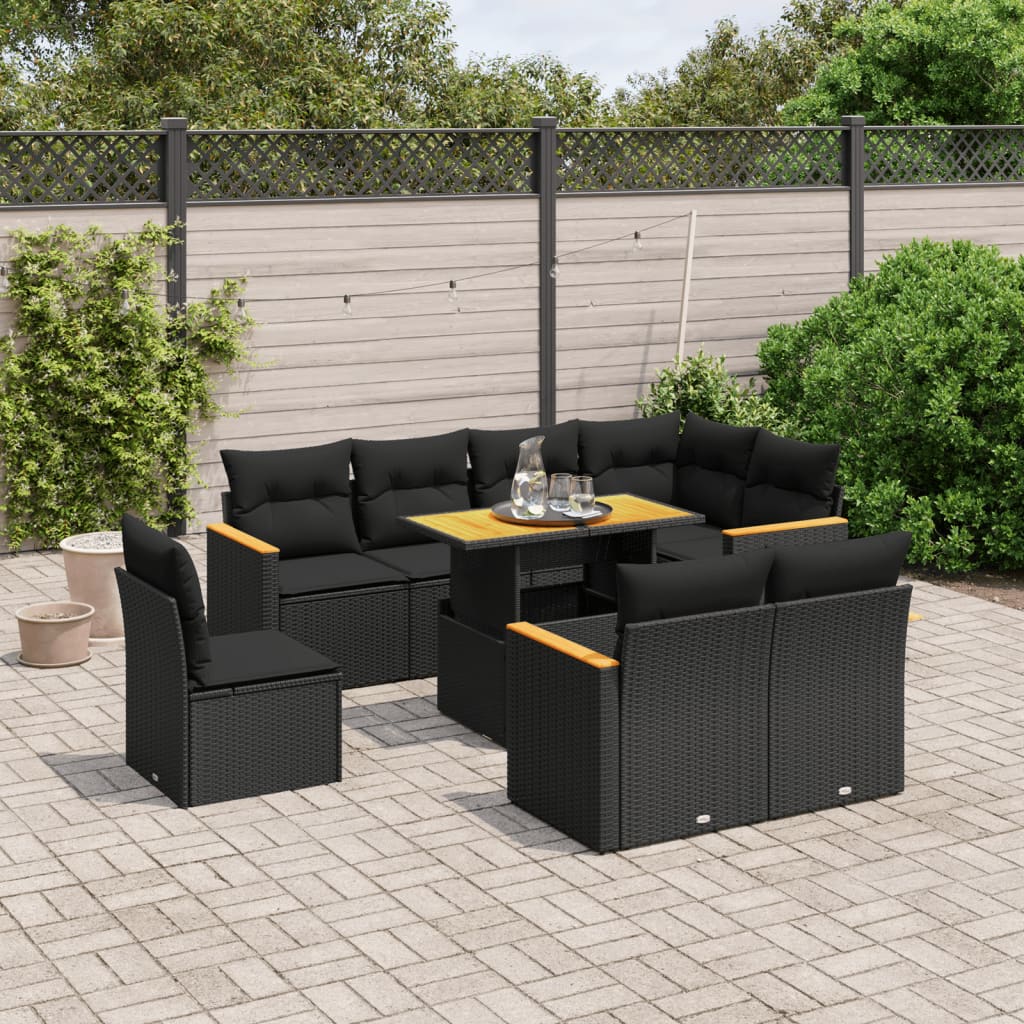 vidaXL Set mobilier de grădină cu perne, 9 piese, negru, poliratan