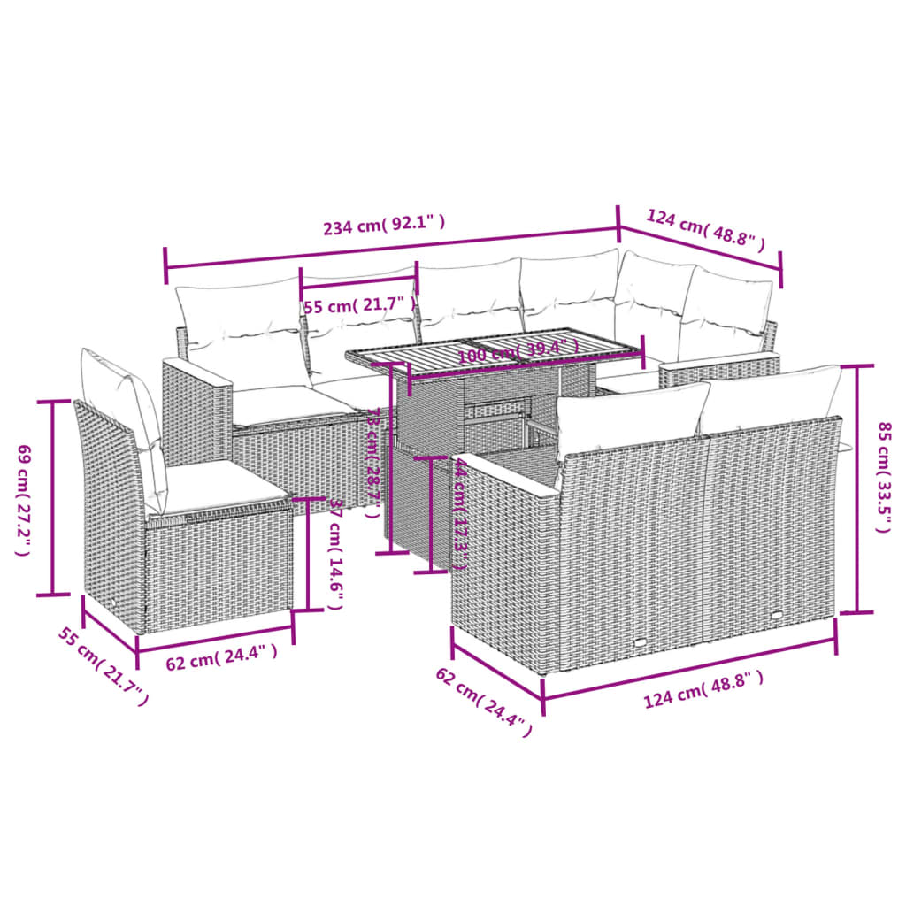 Set mobilier de grădină cu perne, 9 piese, negru, poliratan 3273170 - imagine 3