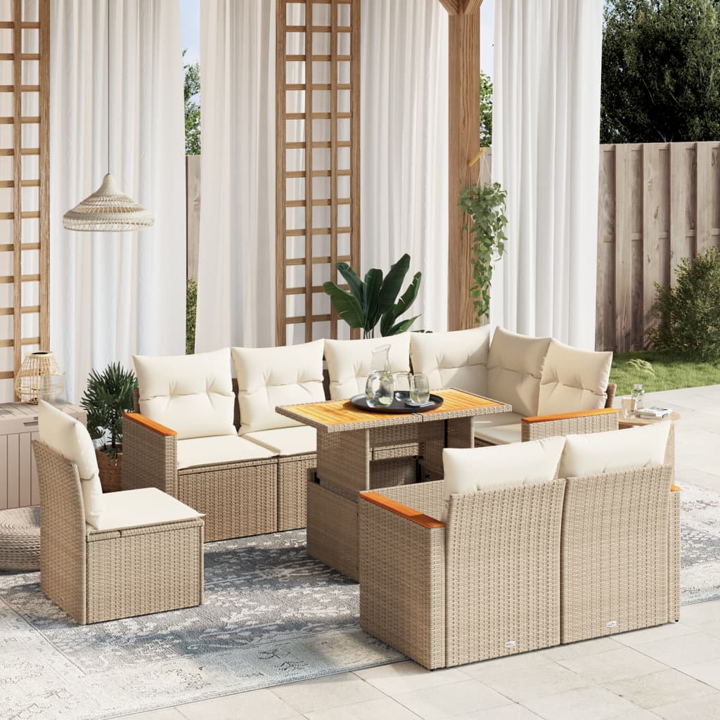 vidaXL 9-tlg. Garten-Sofagarnitur mit Kissen Beige Poly Rattan