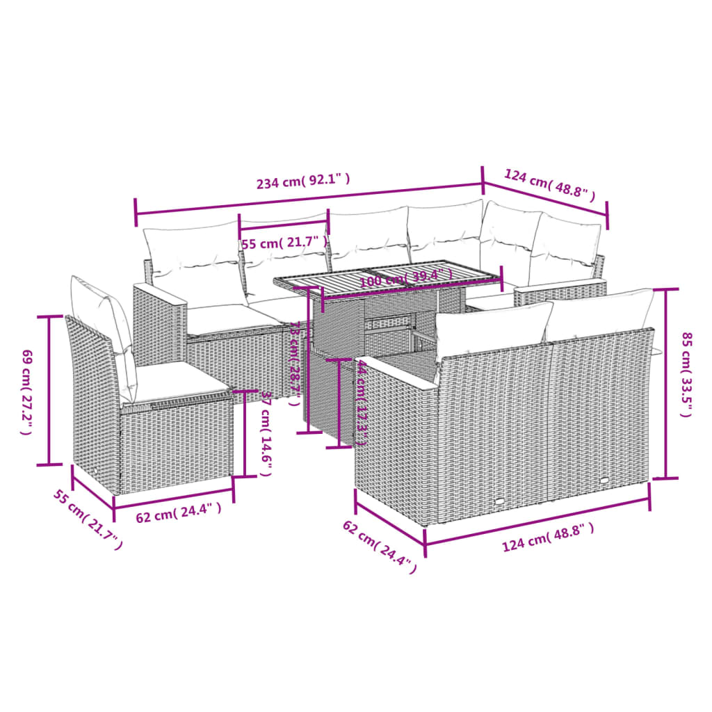 vidaXL 9-delige Loungeset met kussens poly rattan beige afbeelding