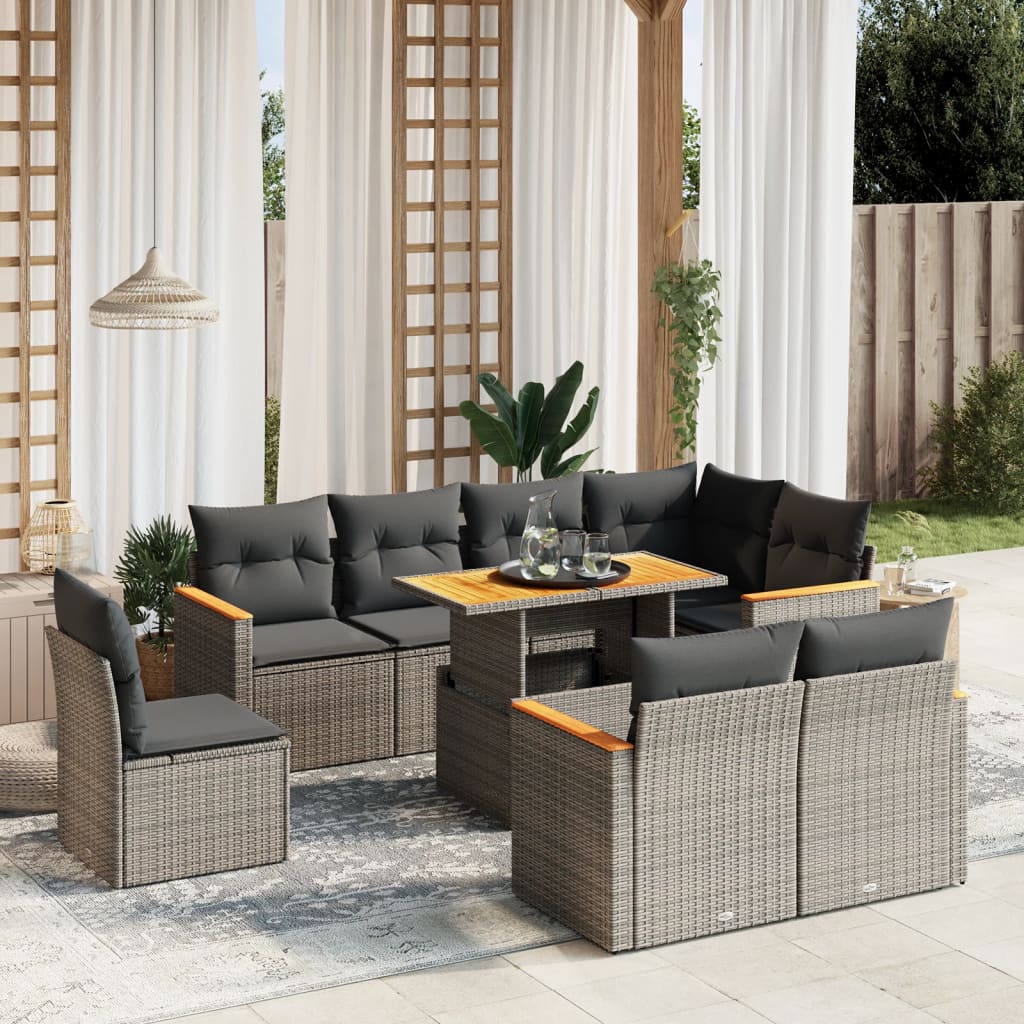 vidaXL 9-tlg. Garten-Sofagarnitur mit Kissen Grau Poly Rattan