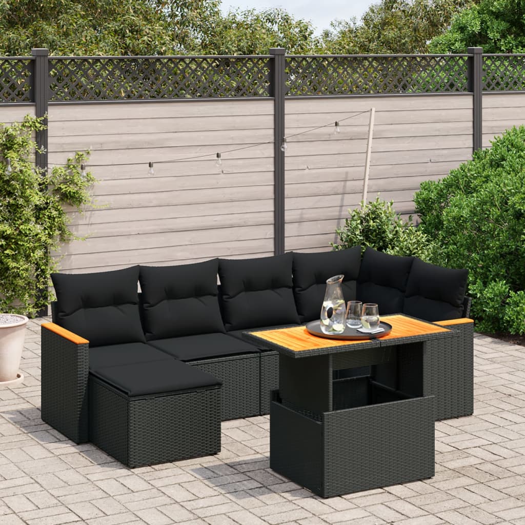 vidaXL 7-tlg. Garten-Sofagarnitur mit Kissen Schwarz Poly Rattan