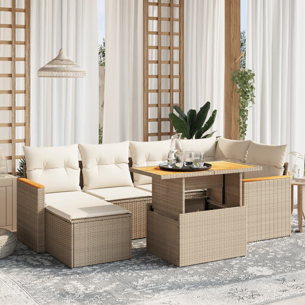 vidaXL 7-tlg. Garten-Sofagarnitur mit Kissen Beige Poly Rattan