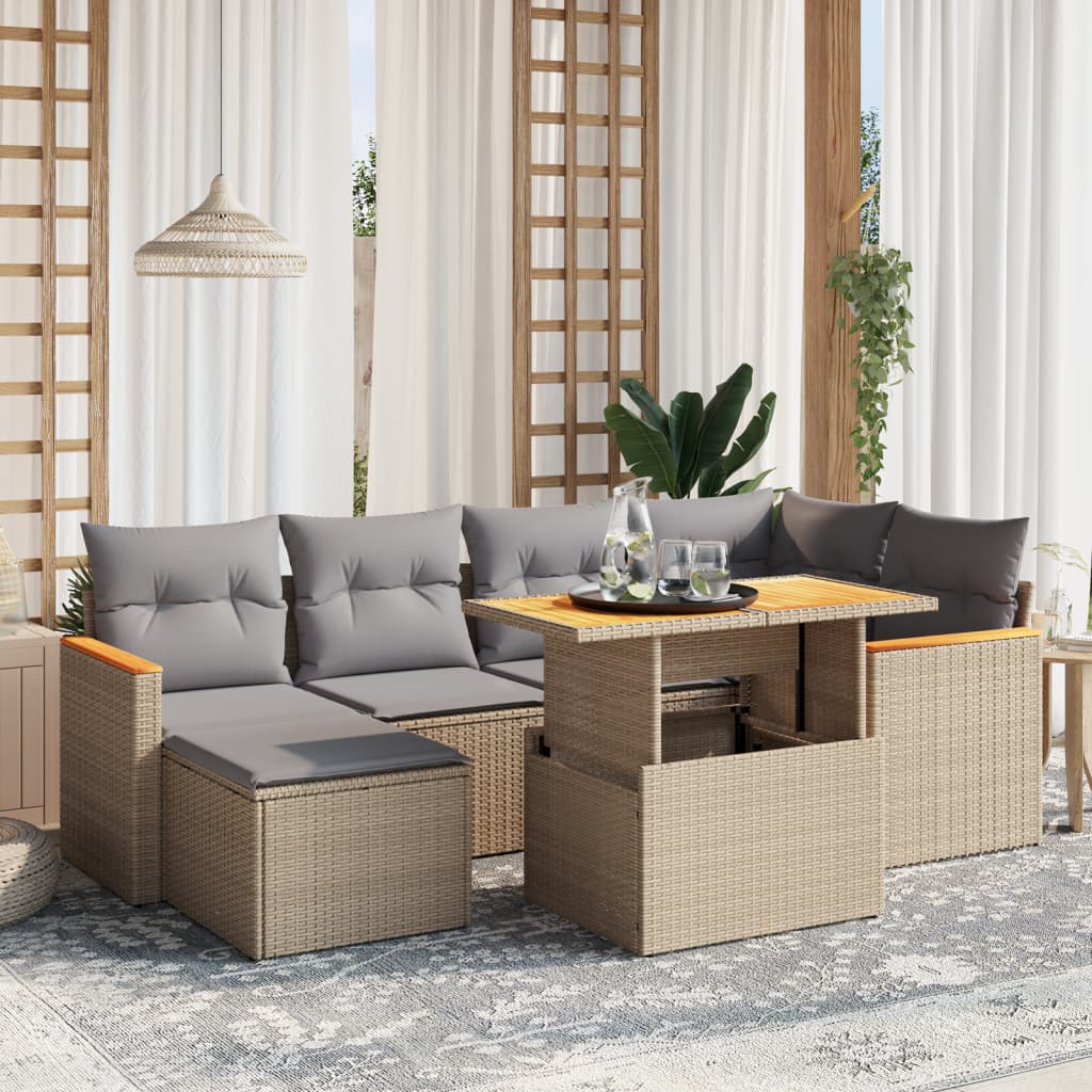 vidaXL 7-tlg. Garten-Sofagarnitur mit Kissen Beige Poly Rattan