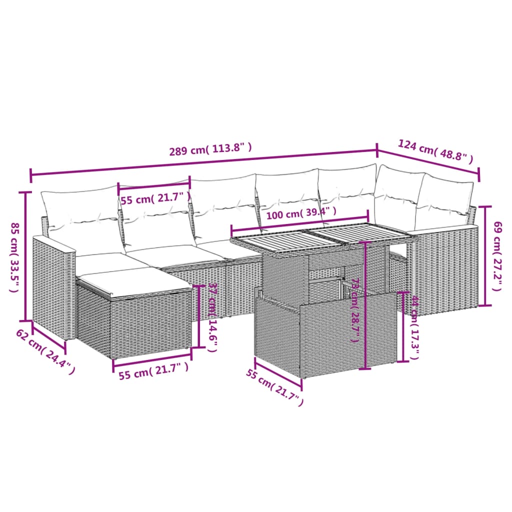 vidaXL 8-delige Loungeset met kussens poly rattan grijs afbeelding