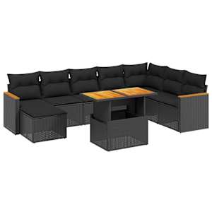 Vrtna sedežna garnitura 9-delna z blazinami črn poli ratan - slika 2