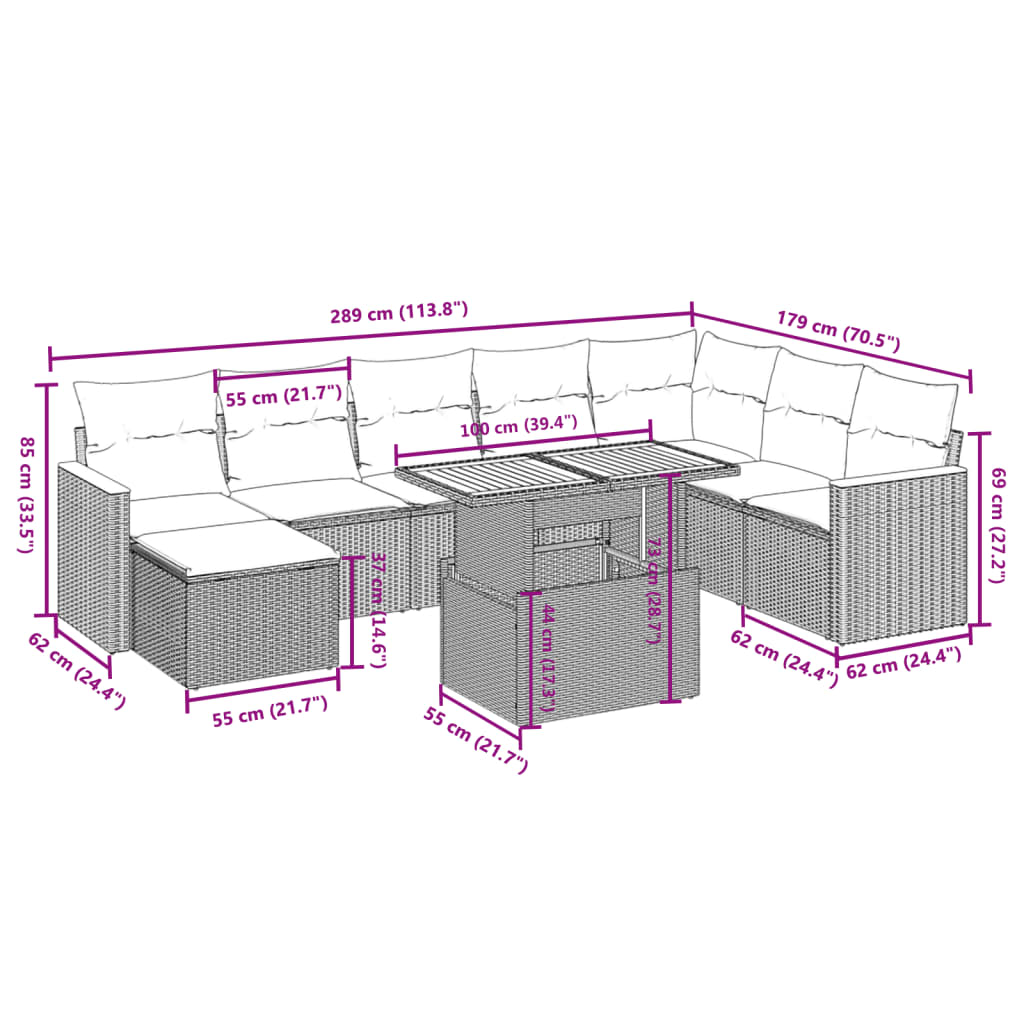 vidaXL 9-delige Loungeset met kussens poly rattan zwart afbeelding
