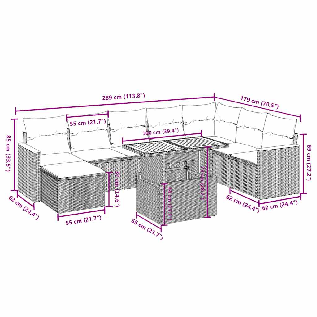 Set mobilier de grădină cu perne, 9 piese, negru, poliratan 3273211 - imagine 3