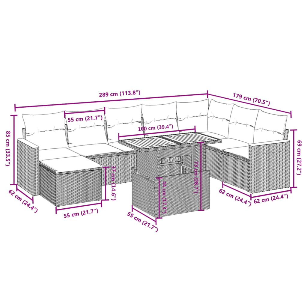 Set mobilier de grădină cu perne, 9 piese, negru, poliratan 3273212 - imagine 3