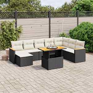 Vrtna sedežna garnitura 9-delna z blazinami črn poli ratan