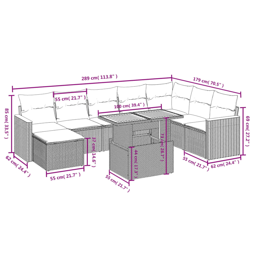 Thumbnail - vidaXL 9-tlg. Garten-Sofagarnitur mit Kissen Beige Poly Rattan