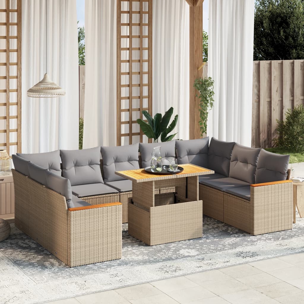 vidaXL 10-tlg. Garten-Sofagarnitur mit Kissen Beige Poly Rattan