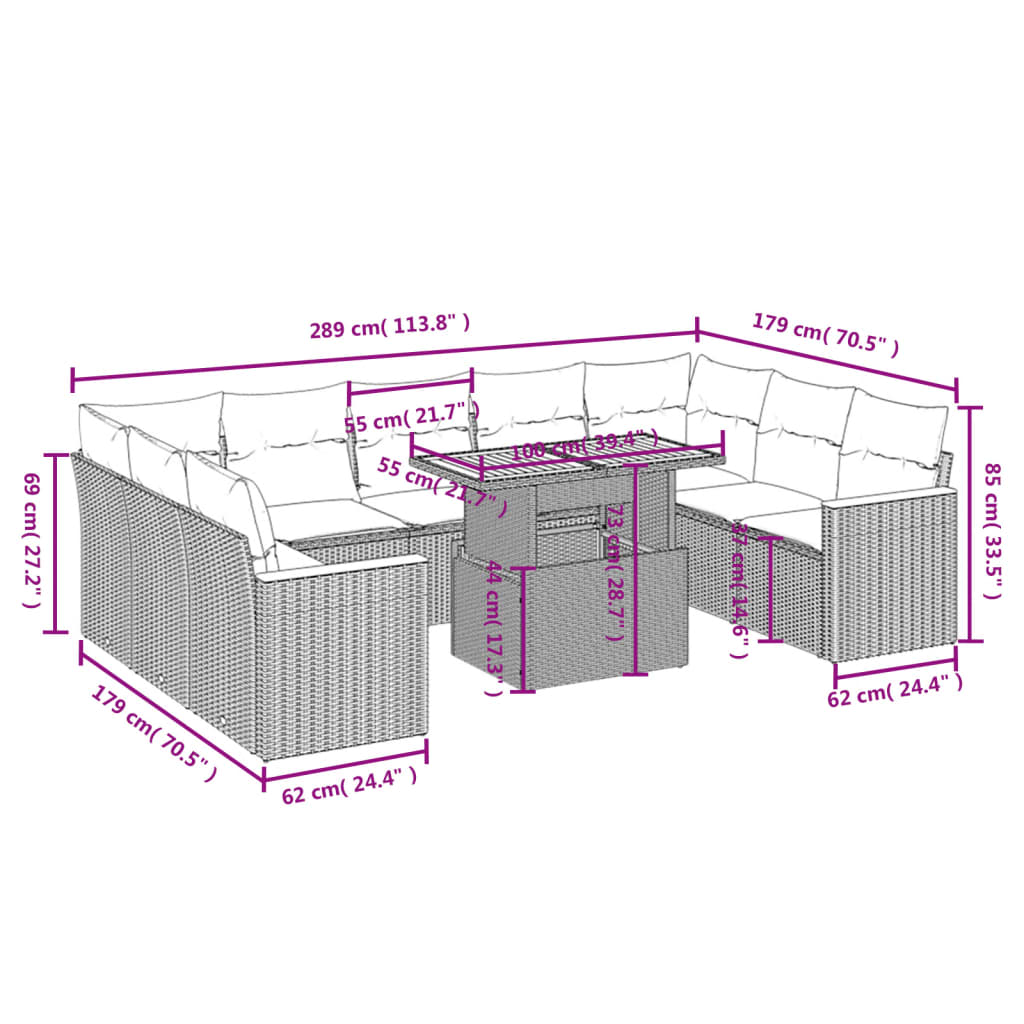Set mobilier de grădină cu perne, 10 piese, gri, poliratan 3273223 - imagine 3