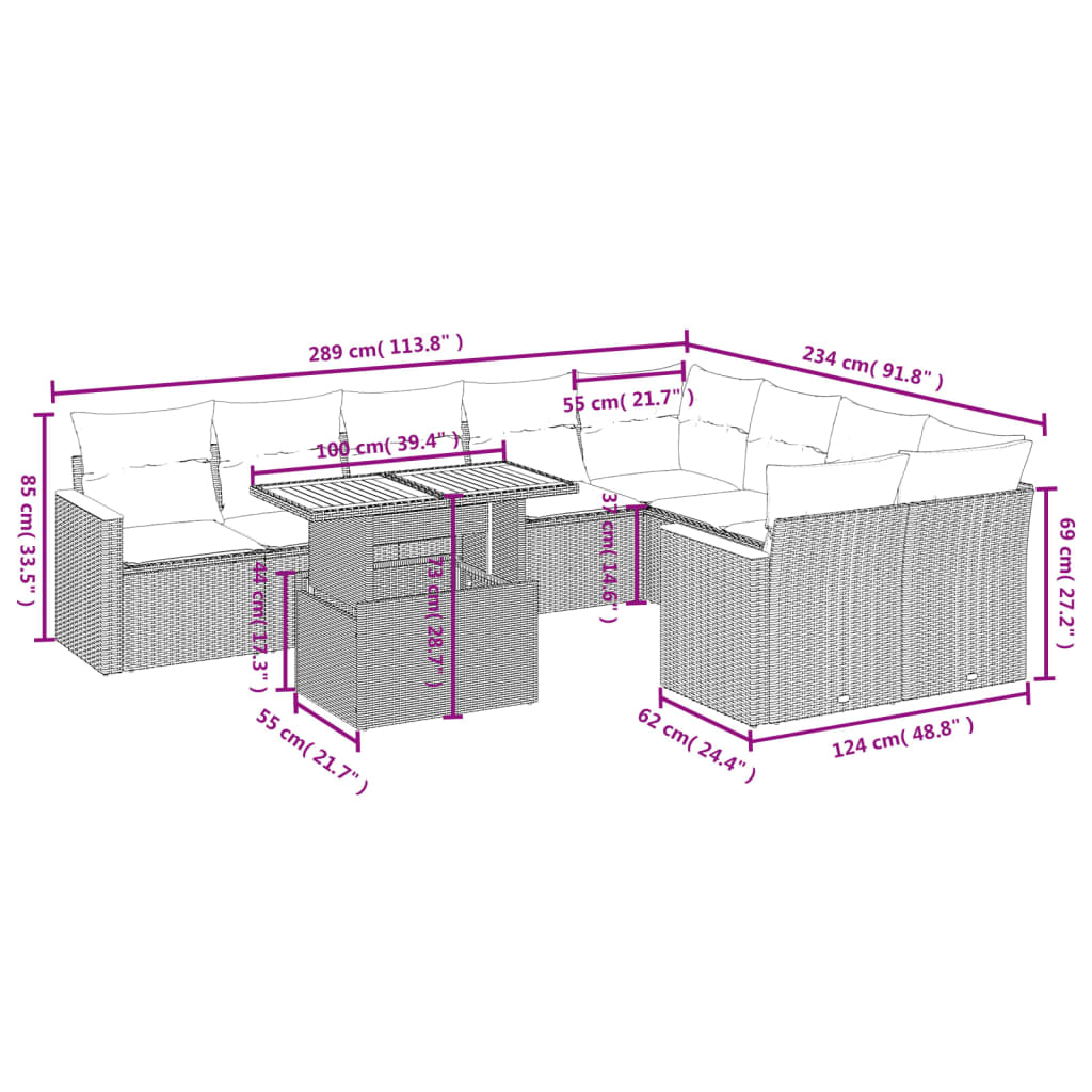 Set canapele de grădină cu perne, 10 piese, bej, poliratan 3273236 - imagine 3