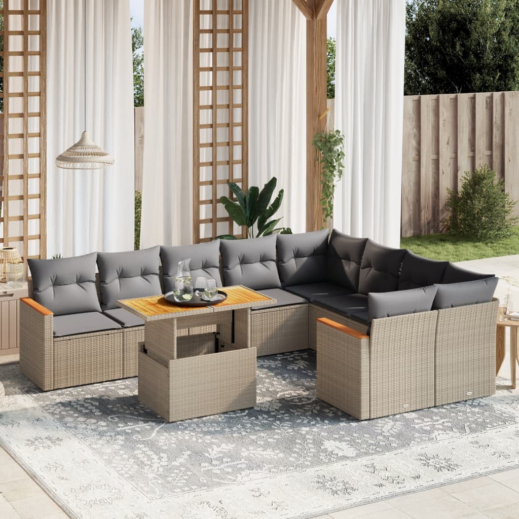 vidaXL 10-tlg. Garten-Sofagarnitur mit Kissen Beige Poly Rattan