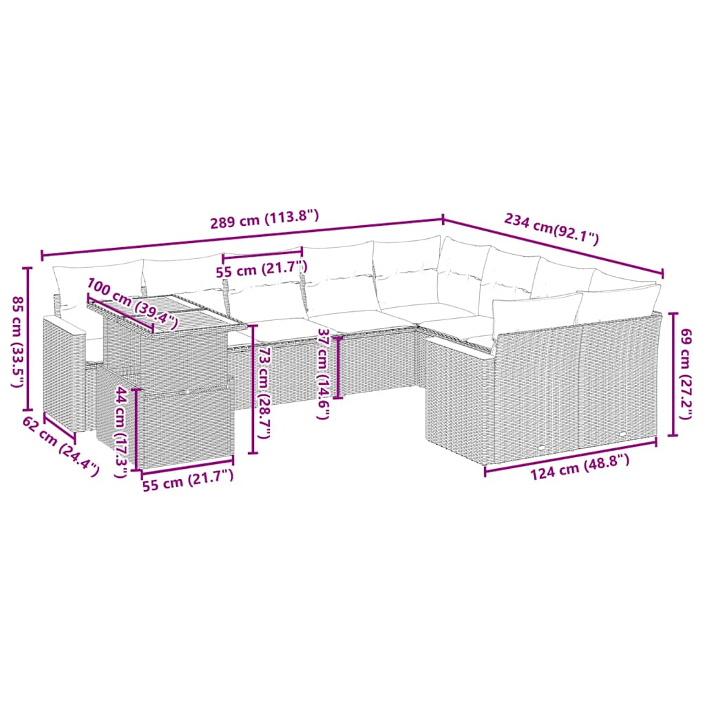 vidaXL 10-delige Loungeset met kussens poly rattan zwart afbeelding