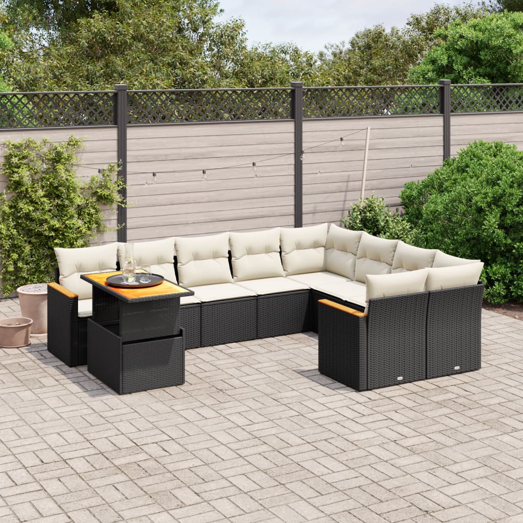 vidaXL 10-tlg. Garten-Sofagarnitur mit Kissen Schwarz Poly Rattan