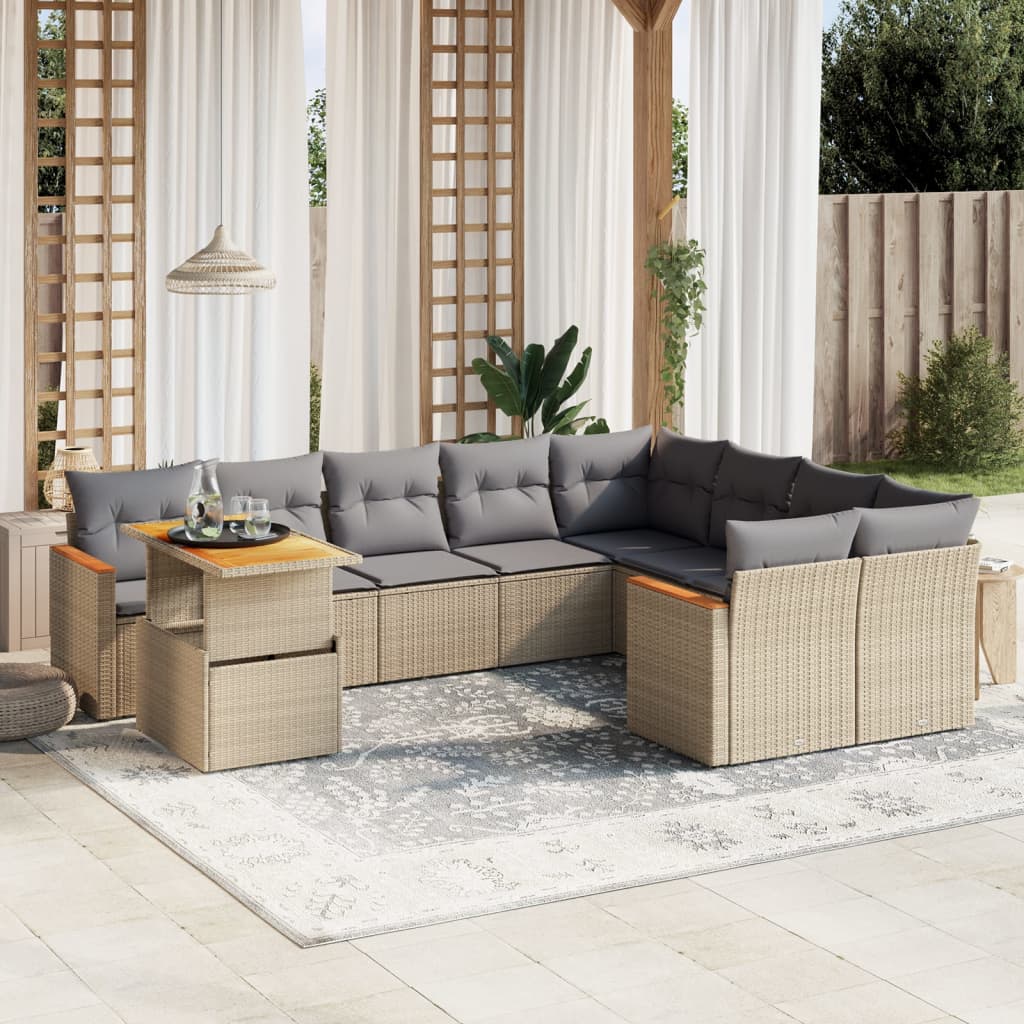 vidaXL 10-tlg. Garten-Sofagarnitur mit Kissen Beige Poly Rattan