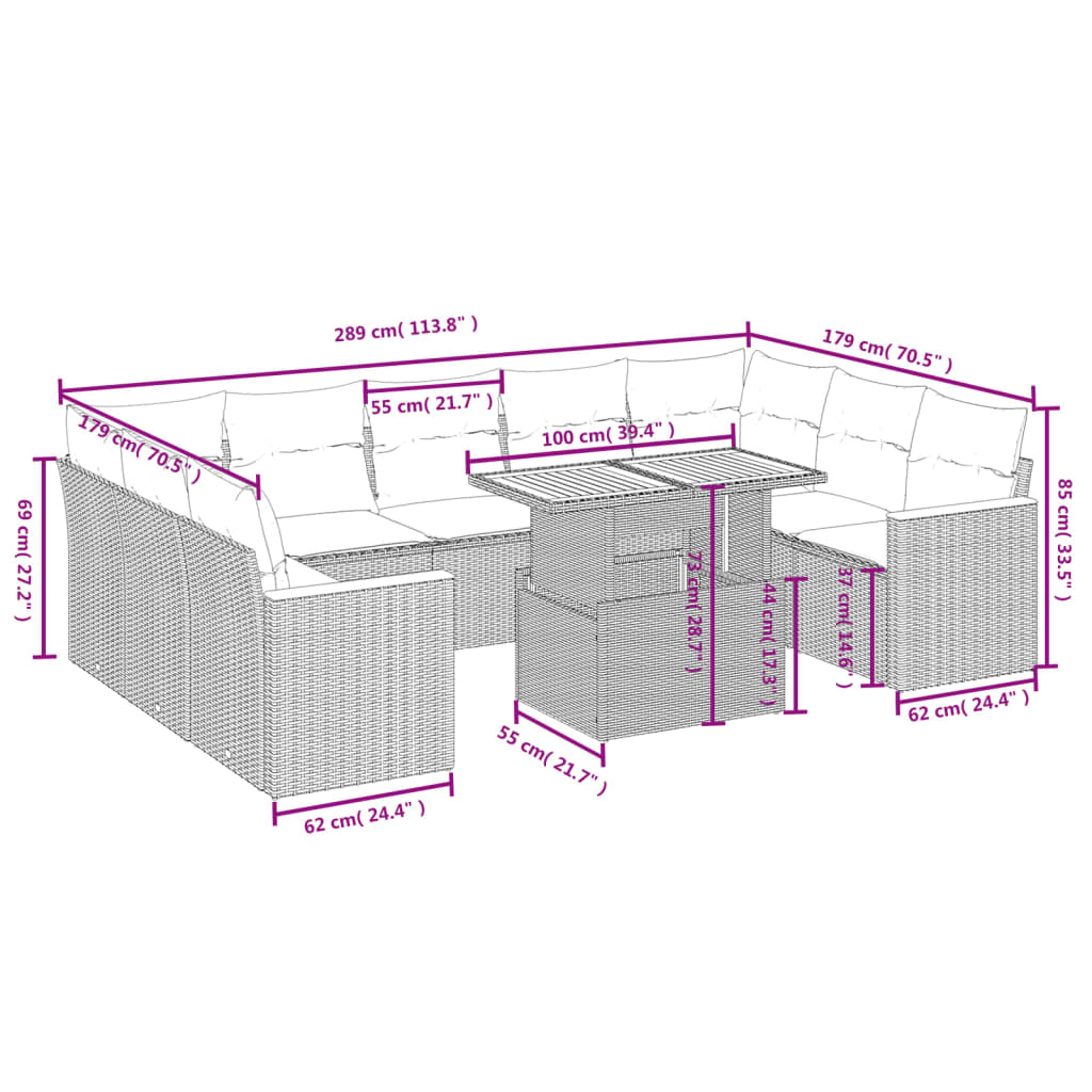 vidaXL 11-delige Loungeset met kussens poly rattan zwart afbeelding