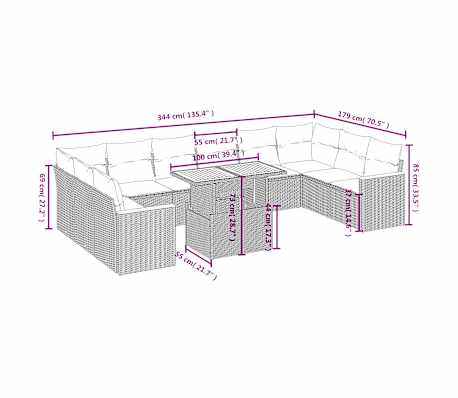 vidaXL 11 pcs conjunto sof&aacute;s de jardim c/ almofad&otilde;es vime PE bege