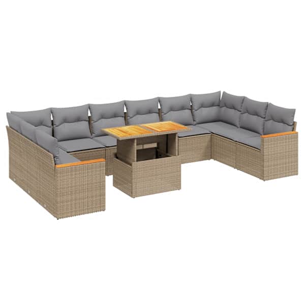 vidaXL 11-osaline aiadiivani komplekt patjadega, beež, pol&uuml;rotang