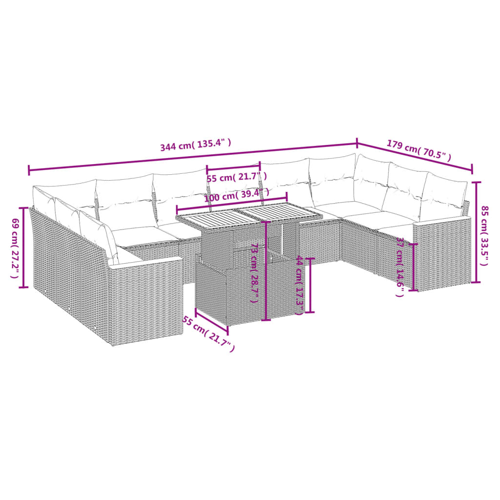 vidaXL 11-delige Tuinset met kussens poly rattan beige afbeelding