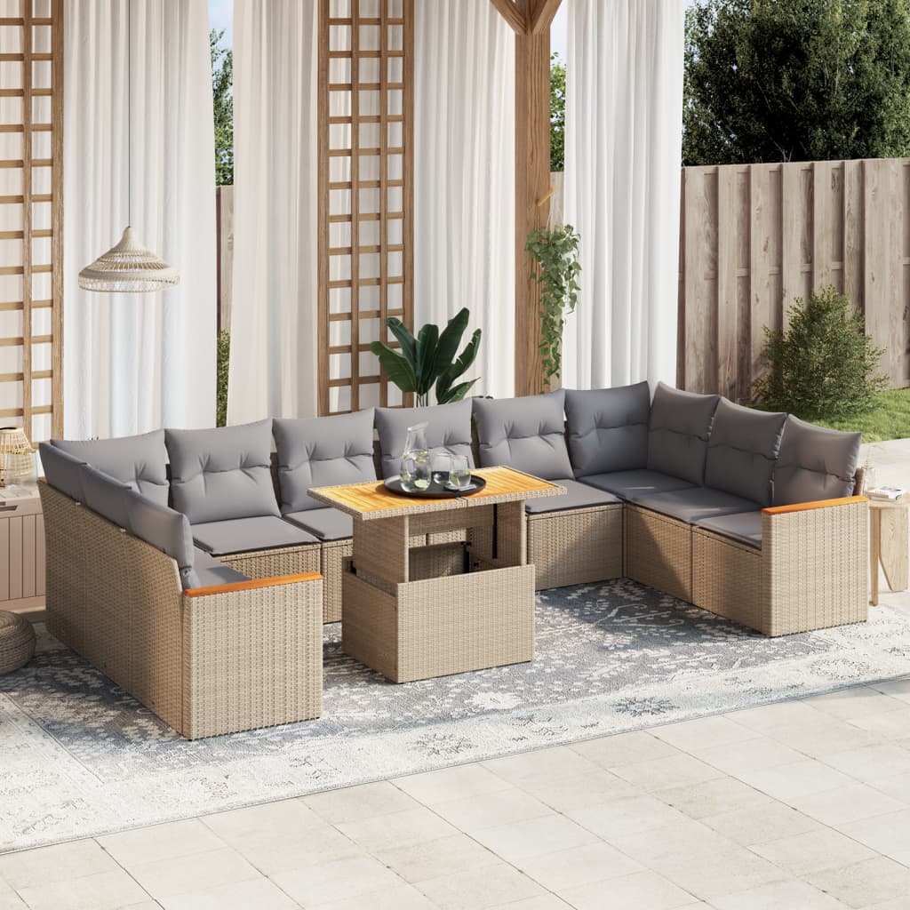 vidaXL 11-tlg. Garten-Sofagarnitur mit Kissen Beige Poly Rattan