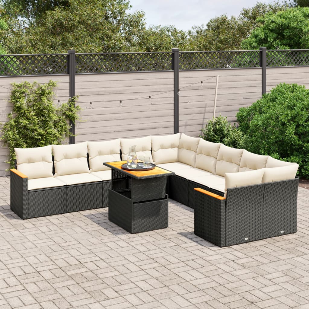 vidaXL 11-tlg. Garten-Sofagarnitur mit Kissen Schwarz Poly Rattan