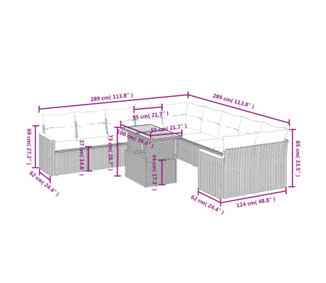vidaXL 11 pcs conjunto sof&aacute;s de jardim c/ almofad&otilde;es vime PE bege