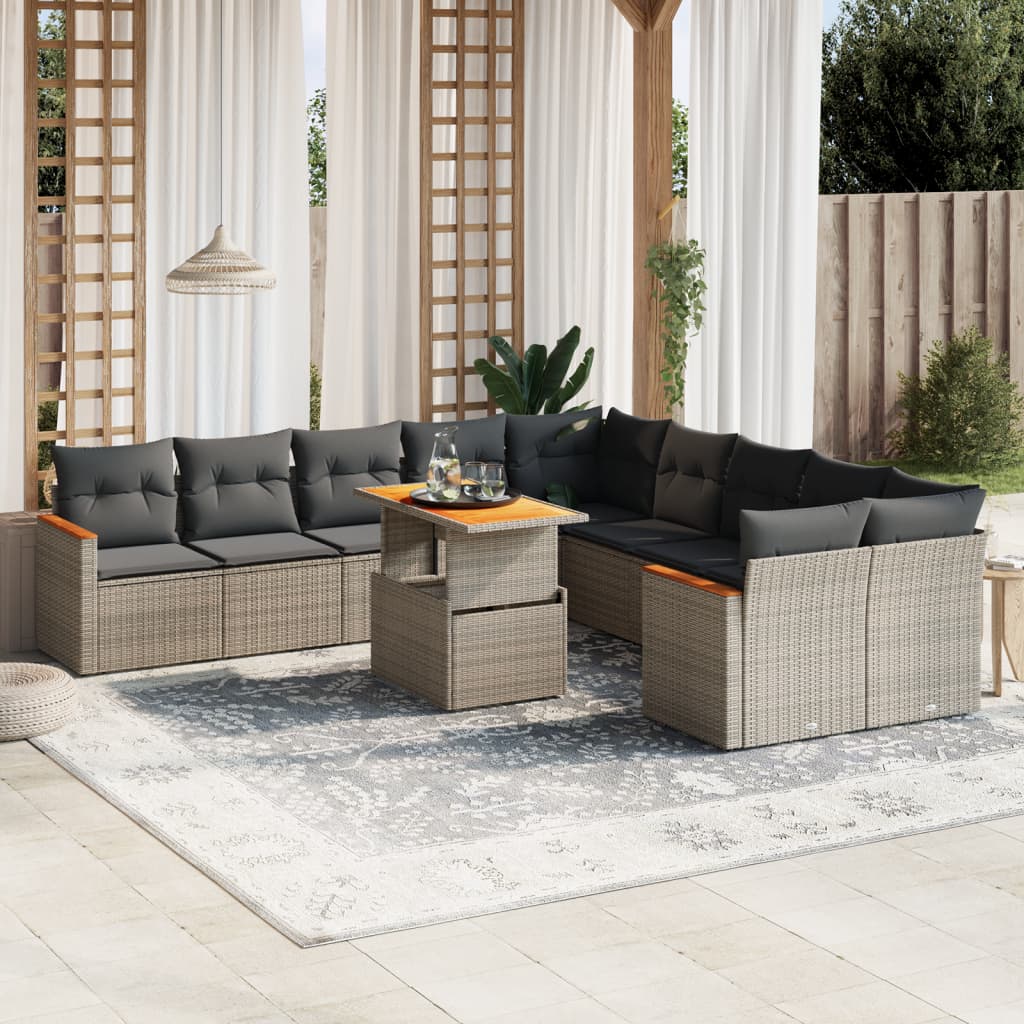 vidaXL 11-tlg. Garten-Sofagarnitur mit Kissen Grau Poly Rattan