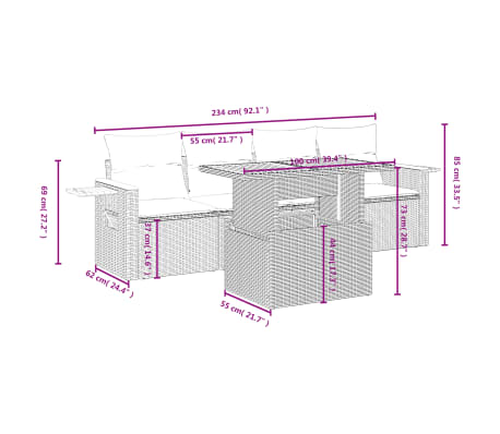 vidaXL 5-tlg. Garten-Sofagarnitur mit Kissen Beige Poly Rattan