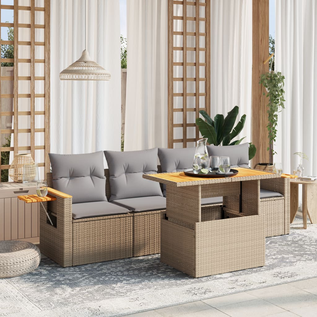 vidaXL 5-tlg. Garten-Sofagarnitur mit Kissen Beige Poly Rattan