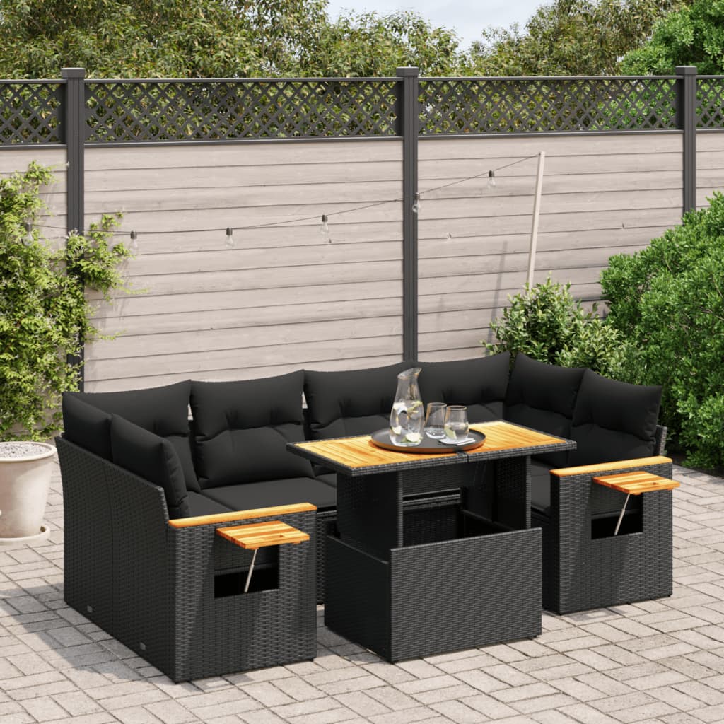 vidaXL 7-tlg. Garten-Sofagarnitur mit Kissen Schwarz Poly Rattan