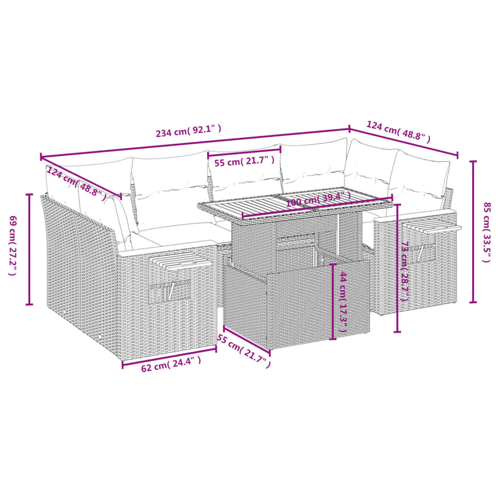 vidaXL 7-delige Loungeset met kussens poly rattan beige afbeelding