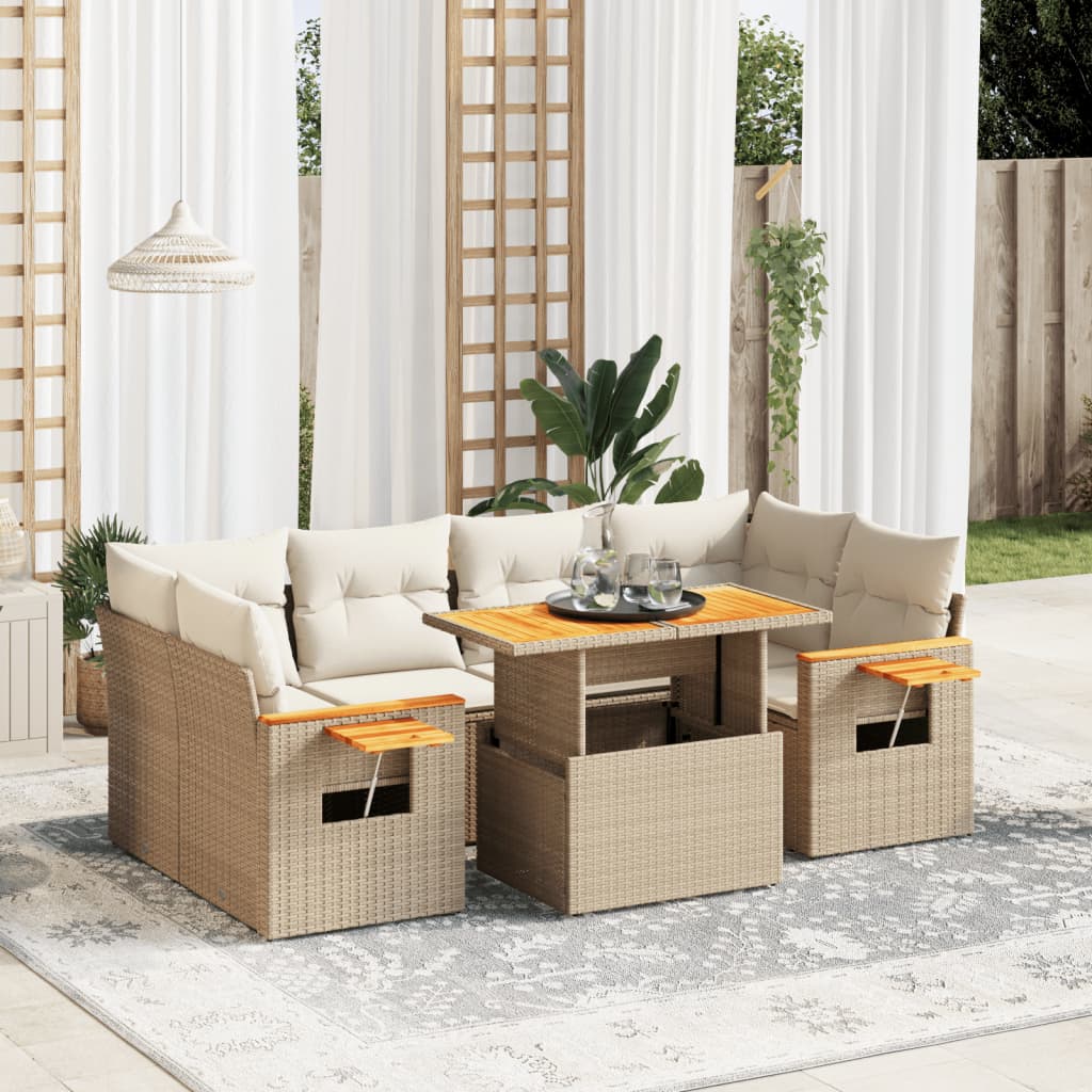 vidaXL 7-tlg. Garten-Sofagarnitur mit Kissen Beige Poly Rattan