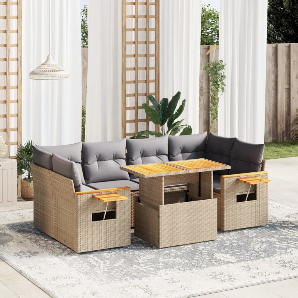 vidaXL 7-tlg. Garten-Sofagarnitur mit Kissen Beige Poly Rattan