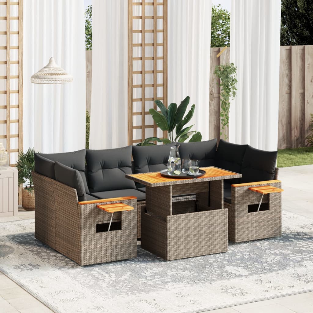 vidaXL 7-tlg. Garten-Sofagarnitur mit Kissen Grau Poly Rattan