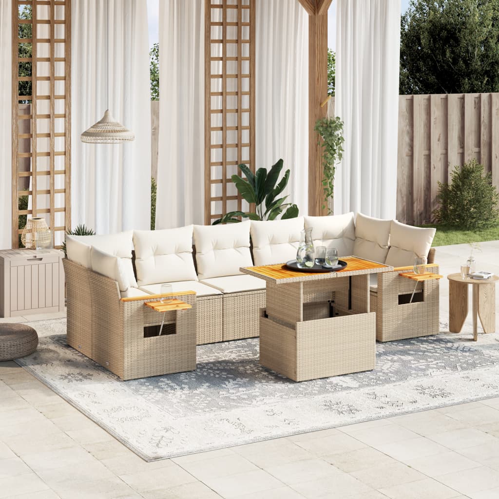 vidaXL 8-tlg. Garten-Sofagarnitur mit Kissen Beige Poly Rattan