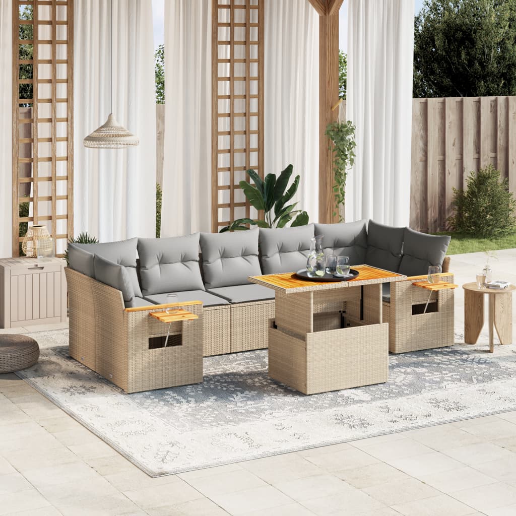 vidaXL 8-tlg. Garten-Sofagarnitur mit Kissen Beige Poly Rattan