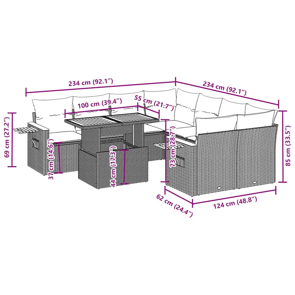 Set mobilier de grădină cu perne, 9 piese, negru, poliratan 3273442 - imagine 3