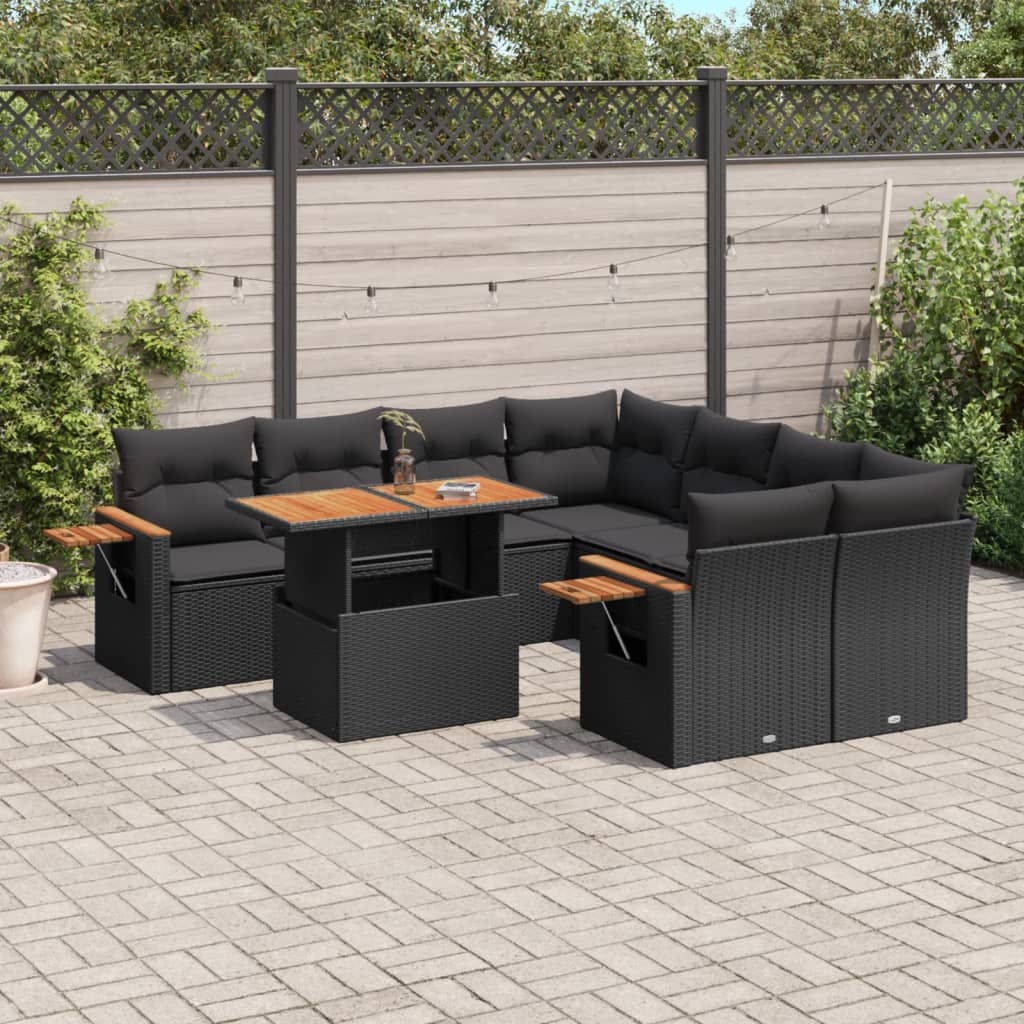 vidaXL Set mobilier de grădină cu perne, 9 piese, negru, poliratan