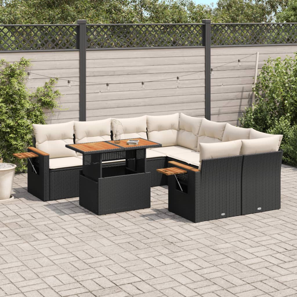 vidaXL 9-tlg. Garten-Sofagarnitur mit Kissen Schwarz Poly Rattan