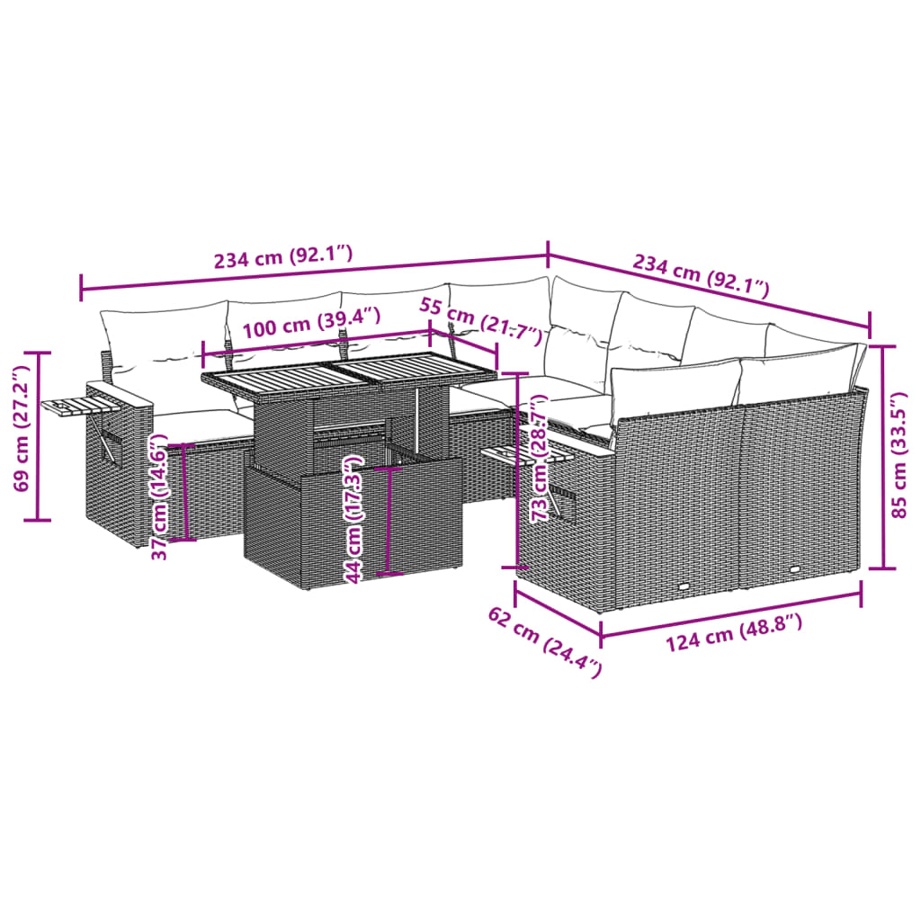 Thumbnail - vidaXL 9-tlg. Garten-Sofagarnitur mit Kissen Beige Poly Rattan