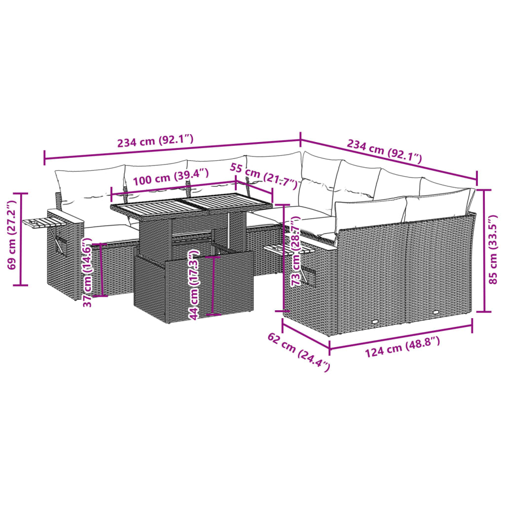 vidaXL 9-delige Loungeset met kussens poly rattan grijs afbeelding