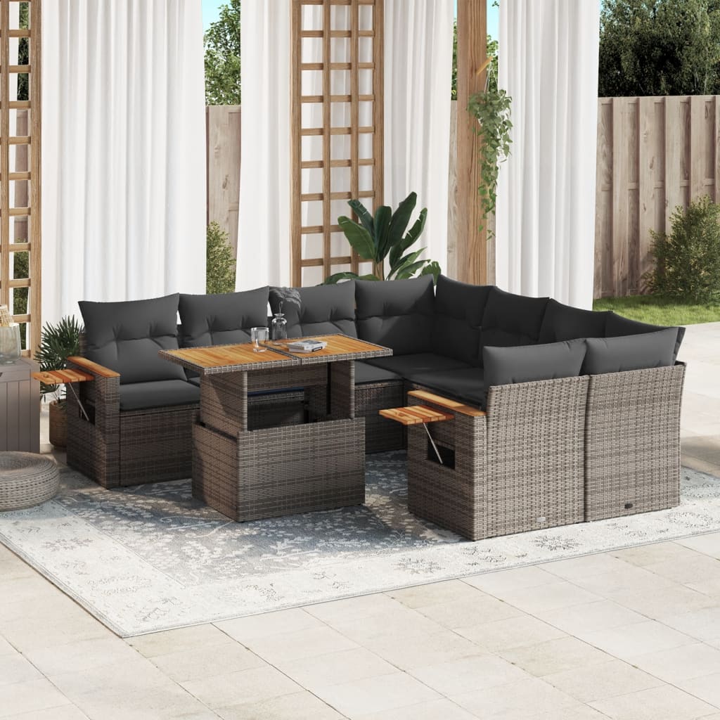 vidaXL 9-tlg. Garten-Sofagarnitur mit Kissen Grau Poly Rattan