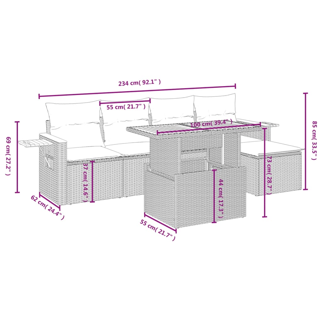 vidaXL 6-delige Loungeset met kussens poly rattan beige afbeelding